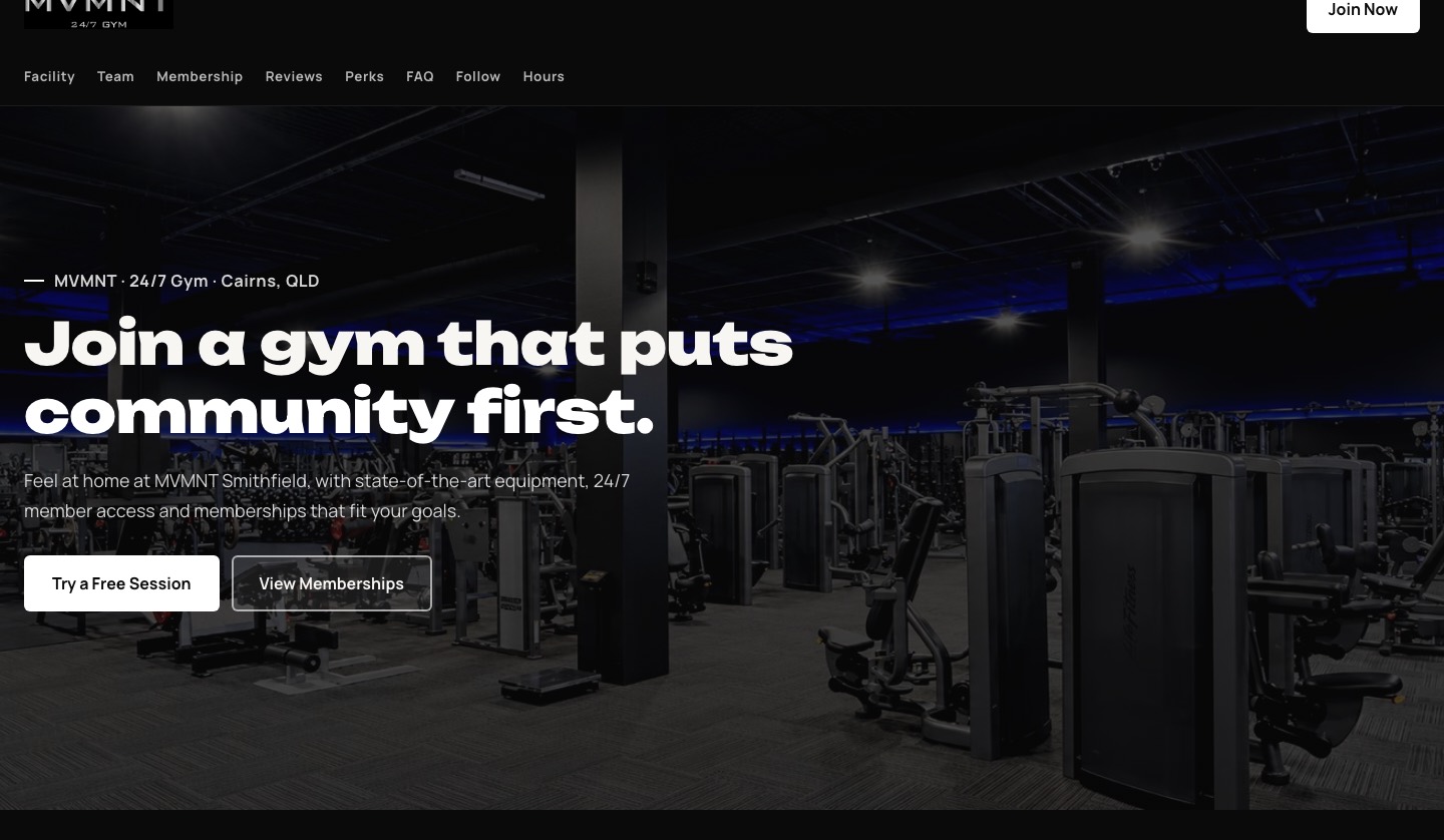 MVMNT Gym website homepage on desktop, with the headline ‘Join a gym that puts community first.’